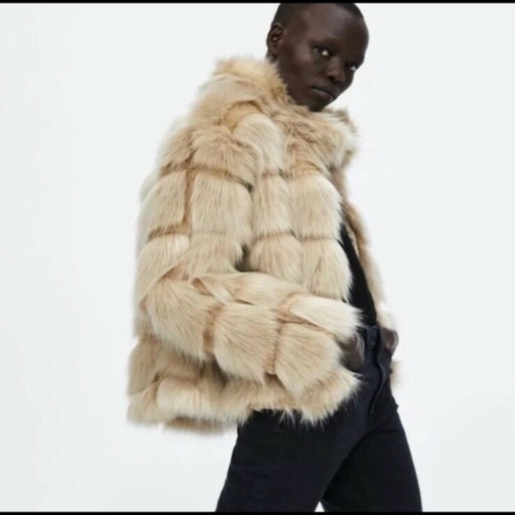 ZARA FUR COAT JACKET TAN BEIGE CREAM XS RARE - Picture 5 of 9